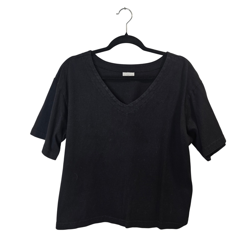 Pacific Cotton V Neck T-Shirt VTG Women Large Black Short Sleeve Boxy Relaxed